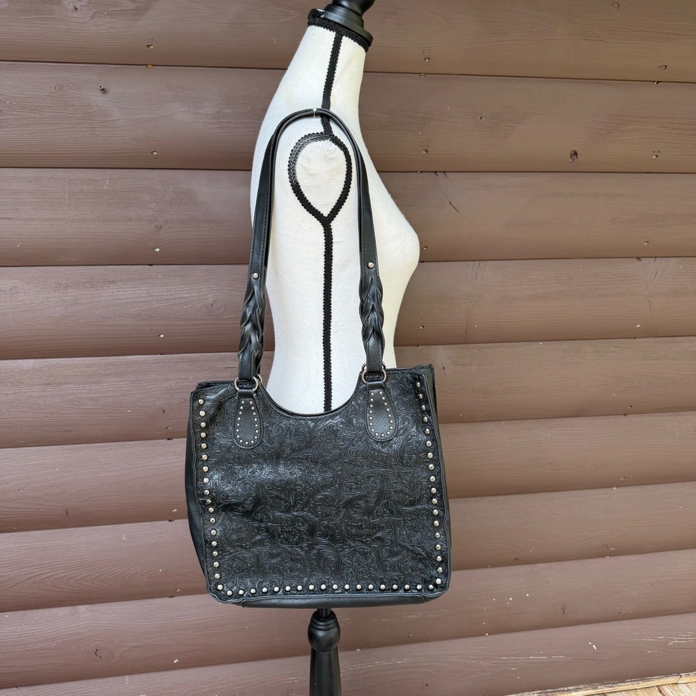 Sam & Hadley Shoulder Bag Black Embossed Floral Studded Western Tote FauxLeather